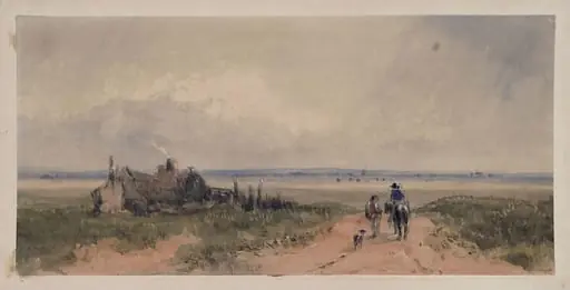 Landscape with cottage, and figures on a sandy road, by Charles Harvey Weigall