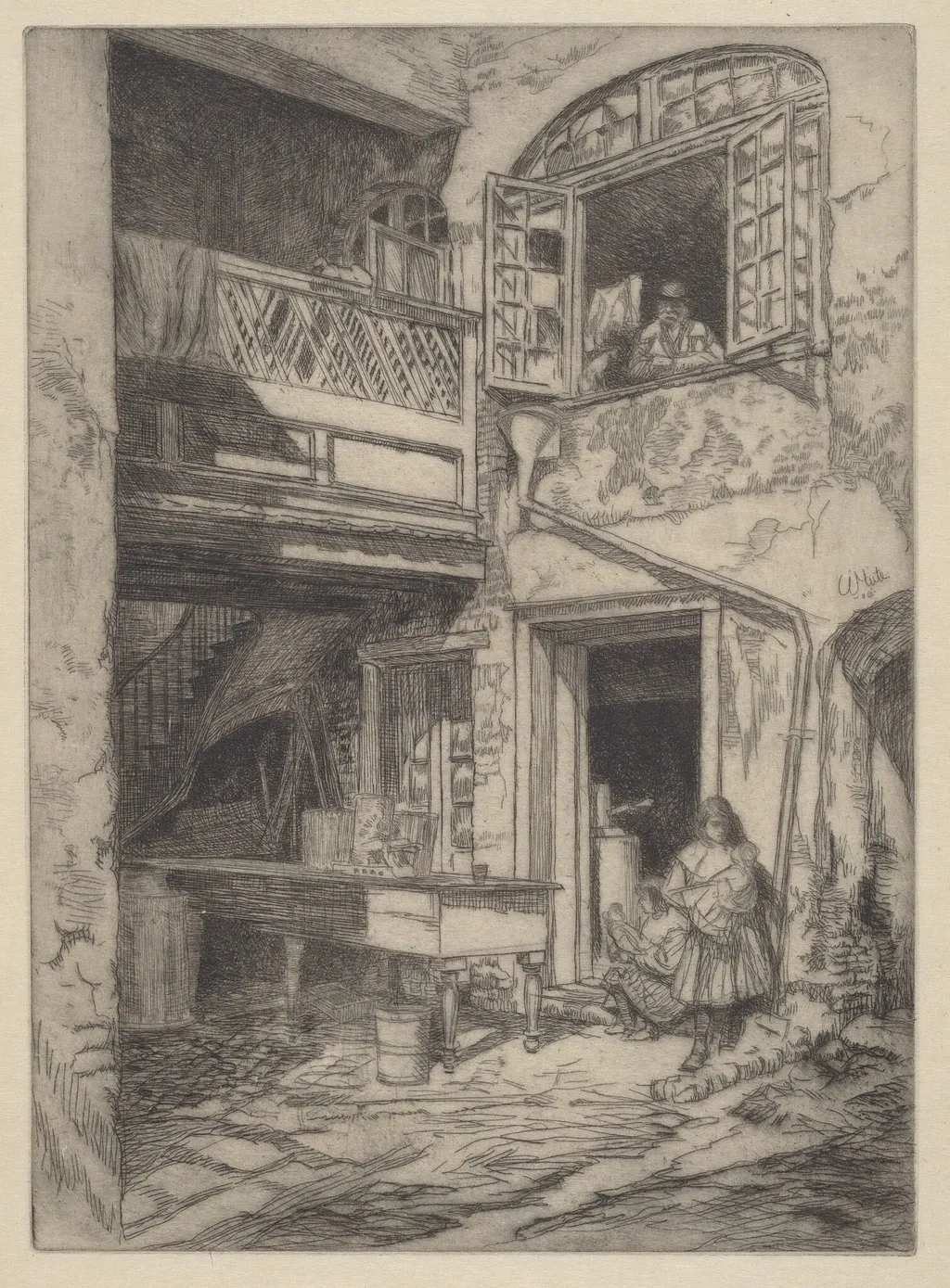 An Old Courtyard (New Orleans), by Charles Henry White, ink, 1906