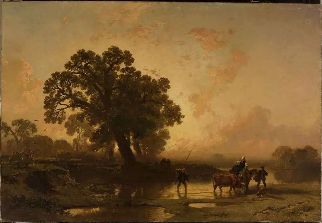 Riverside landscape at sunset, by Charles Hoguet
