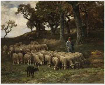 A Shepherd and Flock, by Charles Jacque, oil, 1888