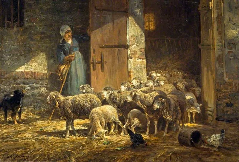 Leaving the Stall, by Charles Jacque, oil, 1853
