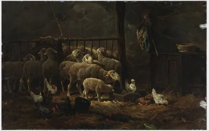 Sheep and Chickens in a Barn, by Charles Jacque, oil, 1867