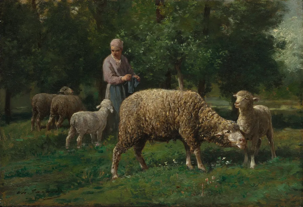 Shepherdess with Sheep, by Charles Jacque, unspecified, 1876