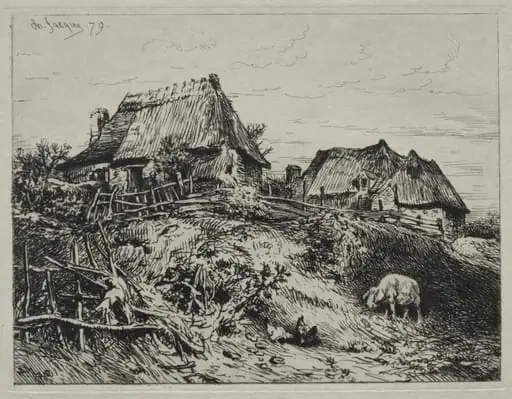 Two Cottages on a Bank, by Charles Jacque