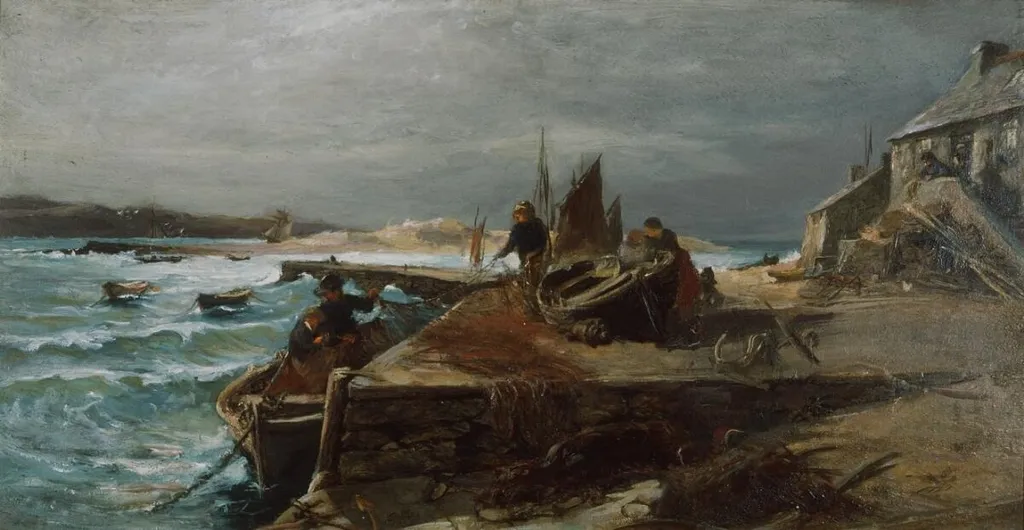Unloading nets, Barmouth, by Charles James Lewis, oil, 1890