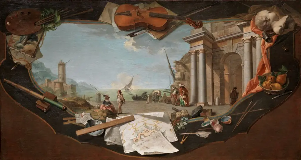Landscape with an architectural view surrounded by trompe-l’oeil elements symbolising the Arts