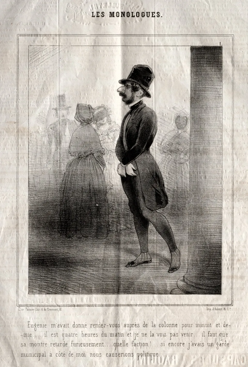 Les Monologues: Eugénie m'avait donné rendez-vous auprès de la colonne pour minuit et demie..., by Charles Joseph Traviès de Villers, 1838