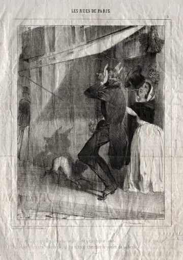 Les Rues de Paris:  En voilà encore des mécaniques du cinq cent mille noms . . . c'est quelque chapelier qui aura invente ca.  Ou 'on m'aille chercher le prefet de police!, by Charles Joseph Traviès de Villers