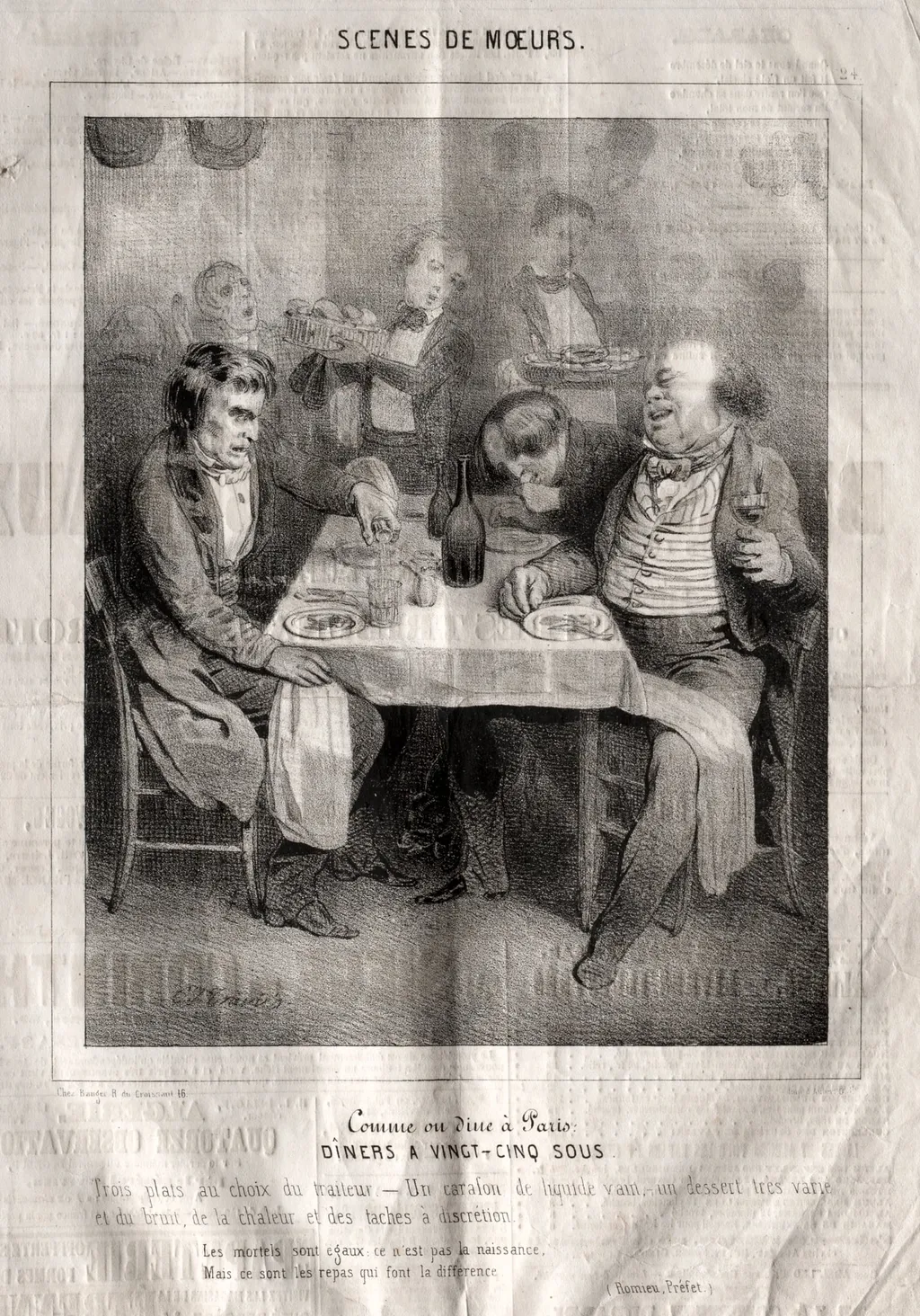 Scènes de moeurs: Comme ou dine à Paris. Diners a vingt-cing sous. Trois plates au choix du traiteur..., by Charles Joseph Traviès de Villers, 1838