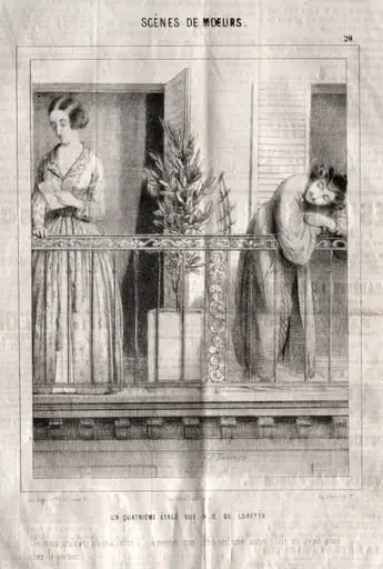 Scènes de moeurs: Un quatrieme étage rue N. D. de Lorette. Je crois qu'elle lit ma lettre...à moins que c'en soit une autre. Elle en avait neuf chez le portier, by Charles Joseph Traviès de Villers