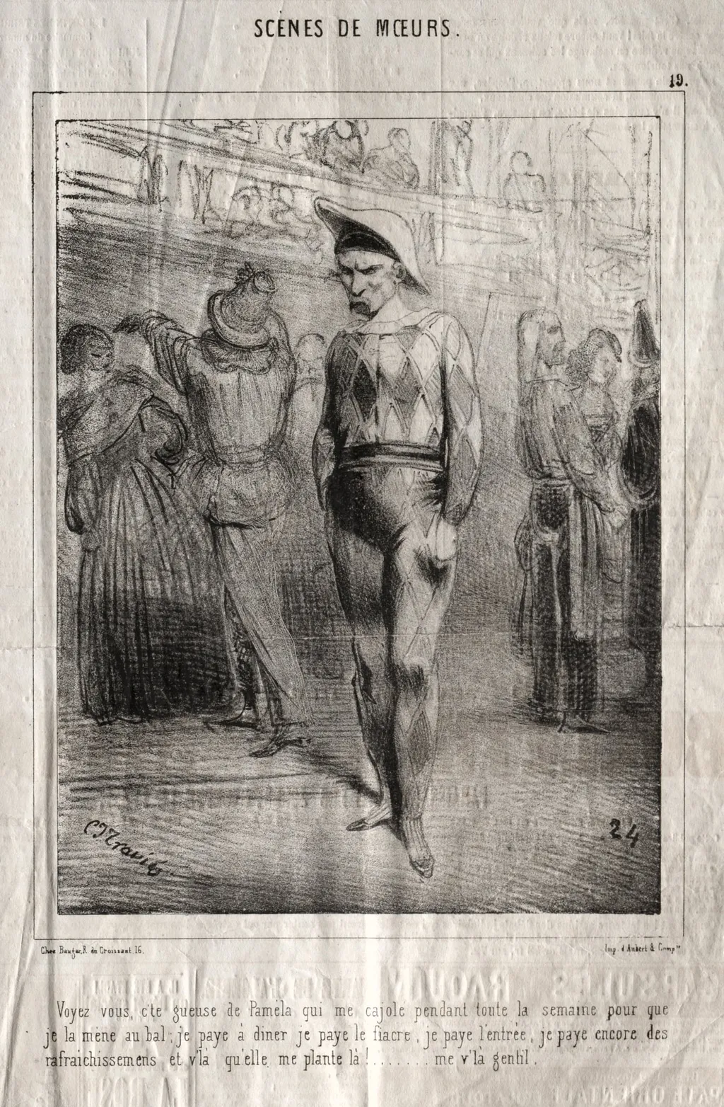 Scènes de moeurs: Voyez vous, c'te queuse de Pamela qui me cajole pendant toute la semaine pour que je la mene au bal..., by Charles Joseph Traviès de Villers, 1838