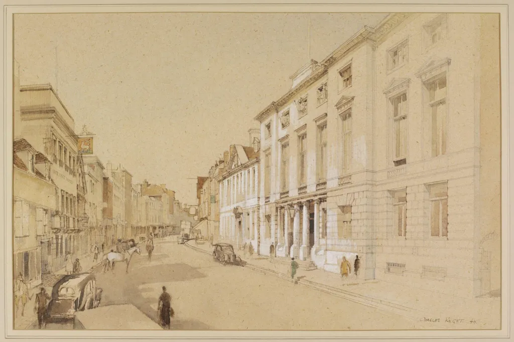 The County Hall and High Street, Lewes, by Charles Knight, watercolor, 1940