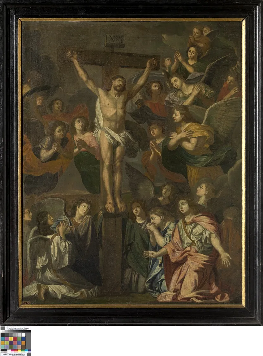 Christ on the cross surrounded by angels, by Charles Le Brun, oil, 1600