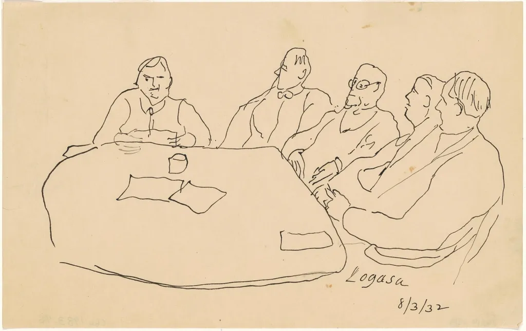 Men at a Table, by Charles Logasa, ink, 1932