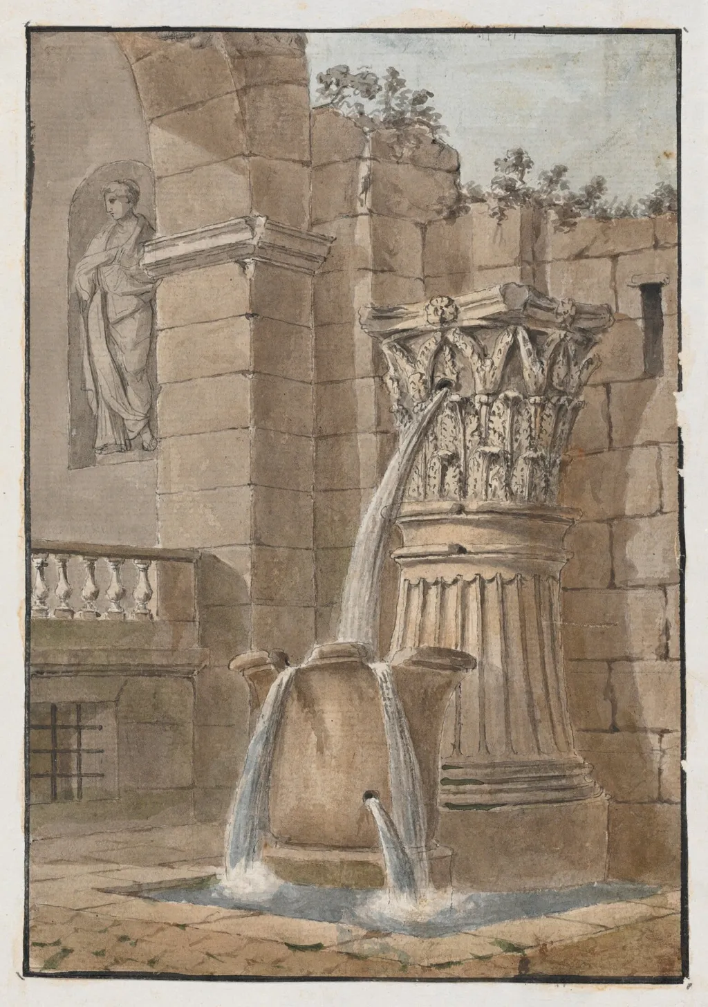 Fountain in a Courtyard, by Charles Louis Clérisseau, graphite, 1768