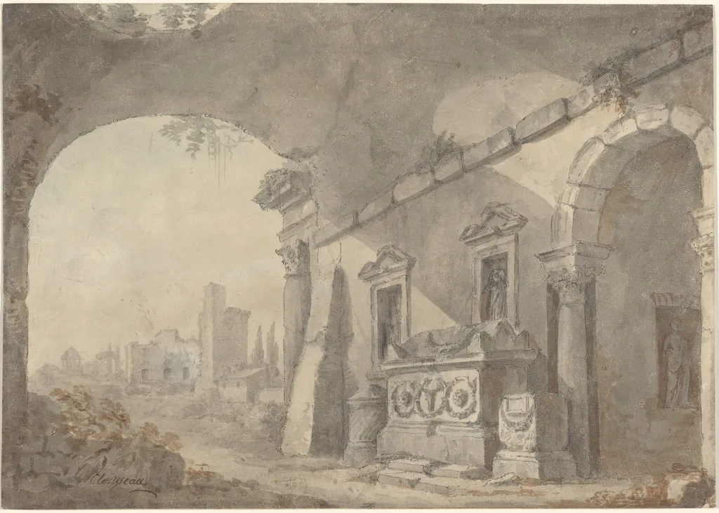 Roman Ruins with a Sepulchre, by Charles Louis Clérisseau, ink, 1771