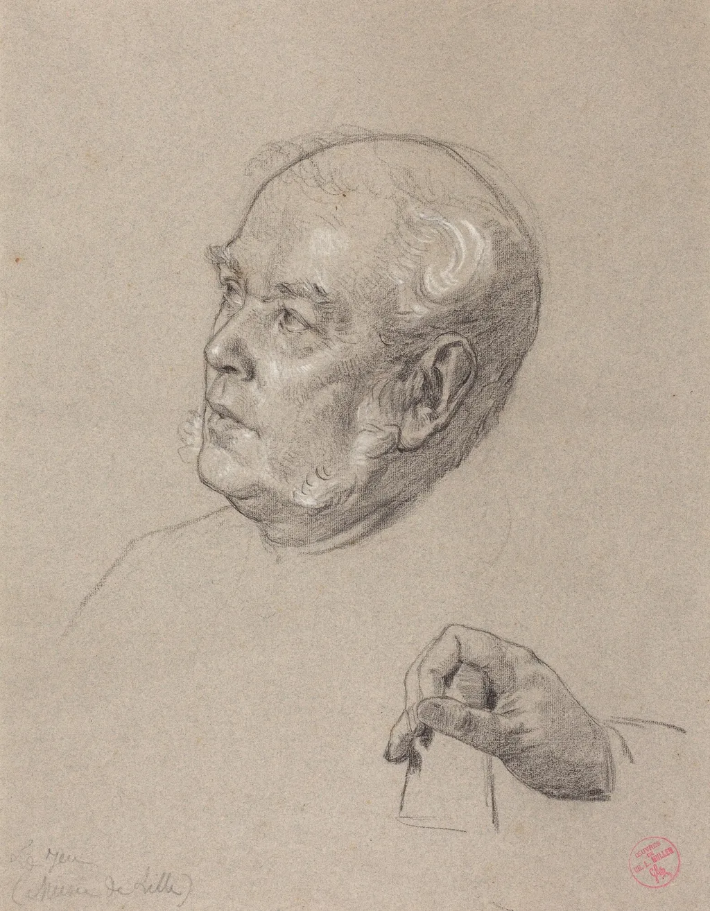Head and Hand of a Man Throwing Dice, by Charles-Louis-Lucien Müller, chalk, 1864