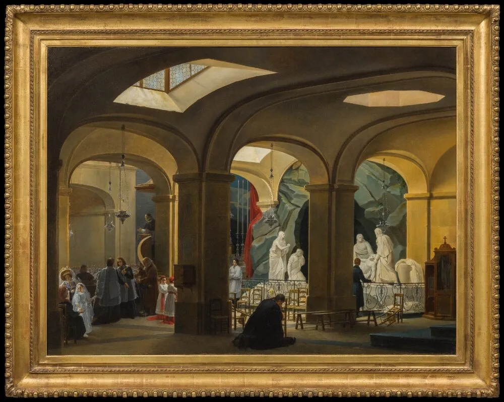 The First Communion in the Interior of the Crypt of the Church of St Roch, Paris, by Charles-Marie Bouton, oil, 1827