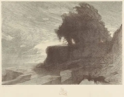 Landscape with Trees on a Bluff and a Snake Remarque, by Charles-Marie Dulac