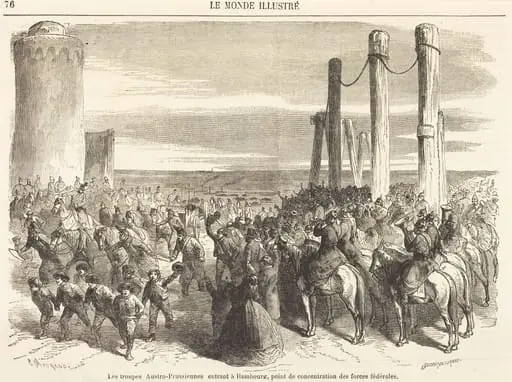 Les troupes Austro-Prussiennes entrant a Hambourg ... [top half], by Charles Maurand