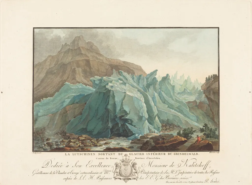 La Lutschinen sortant du Glacier inférieur du Grindelwald, by Charles-Melchior Descourtis, paint, 1785