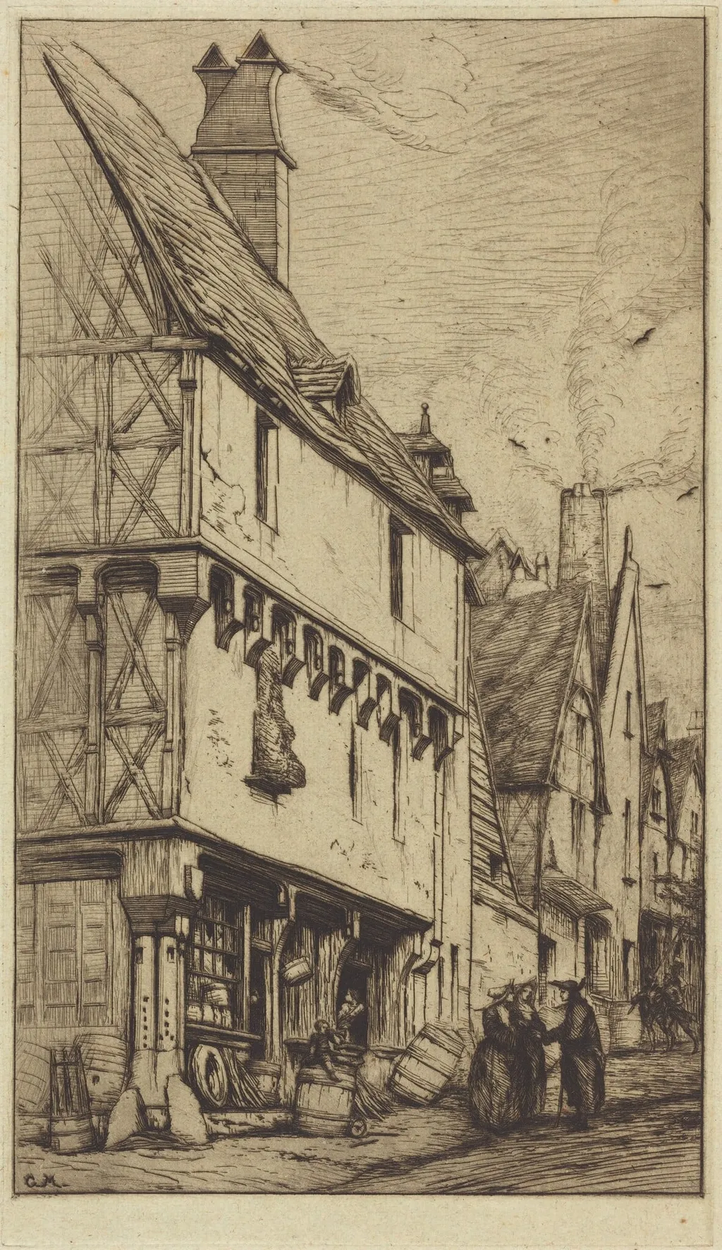 Ancienne habitation à Bourges, dite "La Maison du Musicien" (An Old House at Bourges, Sometimes Called the "Musician's House"), by Charles Meryon, ink, 1860