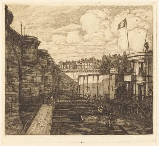 Bain-froid chevrier, dit "de l'École" (Chevrier's Cold-Bath Establishment, Sometimes called the "School-Baths"), by Charles Meryon