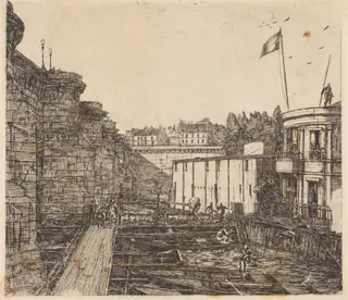 Bain-froid chevrier, dit "de l'École" (Chevrier's Cold-Bath Establishment, Sometimes called the "School-Baths"), by Charles Meryon, 1864