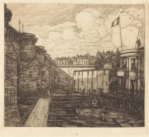 Bain-froid chevrier, dit "de l'École" (Chevrier's Cold-Bath Establishment, Sometimes called the "School-Baths"), by Charles Meryon
