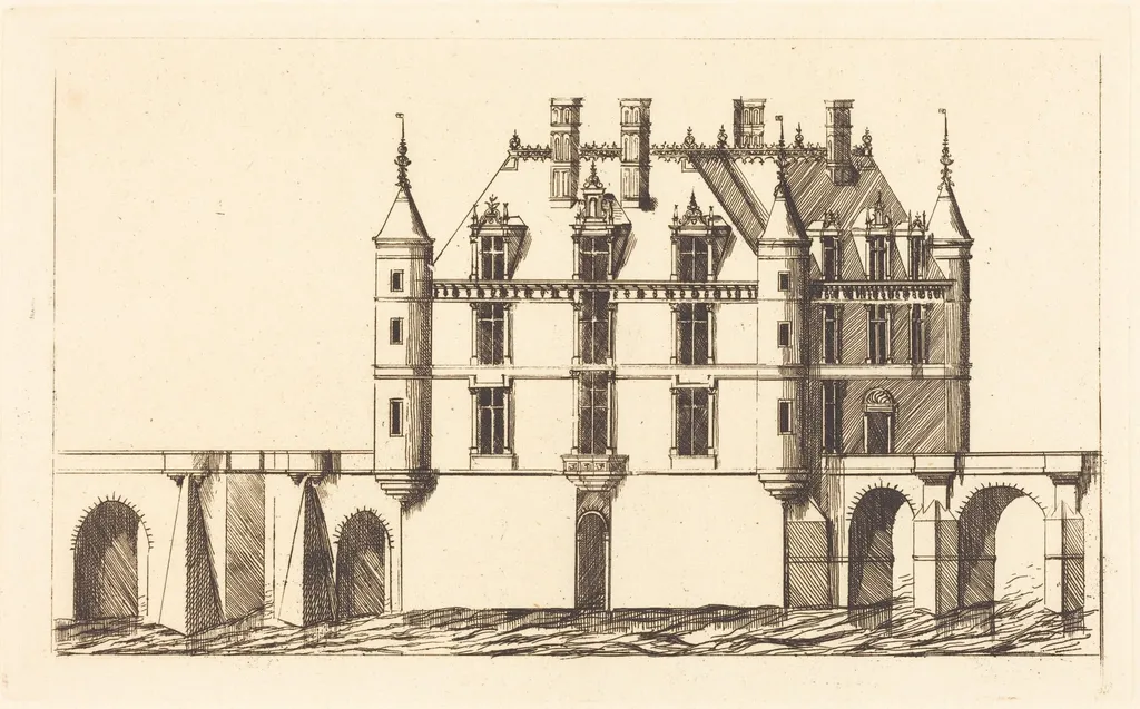 Chateau de Chenonceau, 1re planche (The Chateau of Chenonceau, 1st plate), by Charles Meryon, ink, 1856
