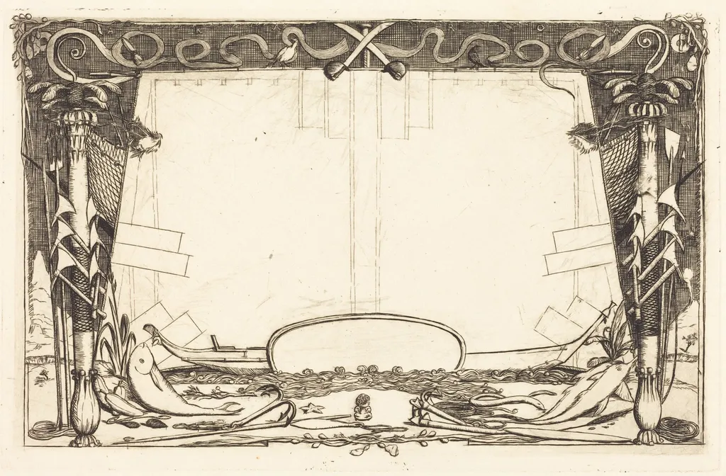 Couverture du "Voyage à la nouvelle Zélande" (Cover for the Set of Etchings Entitled "A Voyage to New Zealand"), by Charles Meryon, ink, 1866