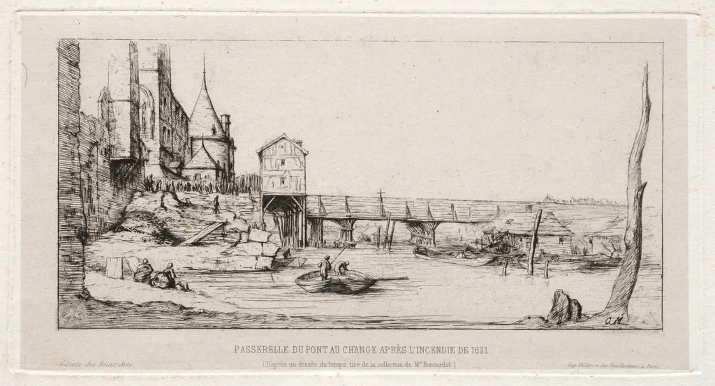 Footbridge Temporarily Replacing the Exchange Bridge,Paris, after the fire of 1621, by Charles Meryon, 1860