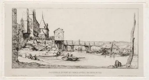 Footbridge Temporarily Replacing the Exchange Bridge,Paris, after the fire of 1621, by Charles Meryon