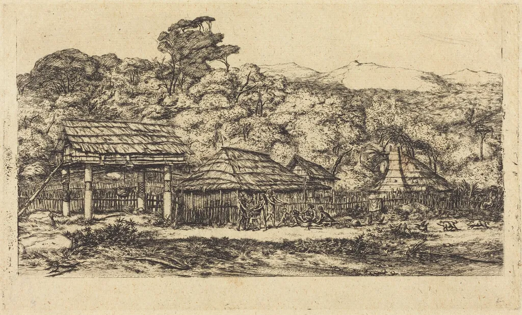Greniers indigènes et habitations à Akaroa, presqu'Ile de Banks, 1845 (Native Barns and Huts at Akaroa, Banks' Peninsula, 1845), by Charles Meryon, ink, 1865