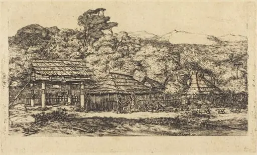 Greniers indigènes et habitations à Akaroa, presqu'Ile de Banks, 1845 (Native Barns and Huts at Akaroa, Banks' Peninsula, 1845), by Charles Meryon