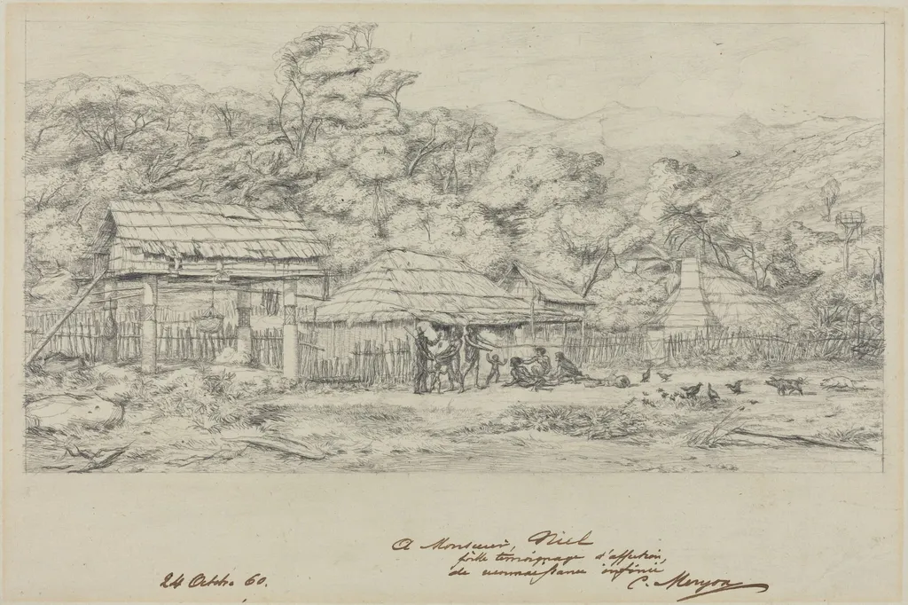 Greniers indigenes et habitations a Akaroa, presqu'Ile de Banks, by Charles Meryon, graphite, 1860