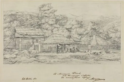 Greniers indigenes et habitations a Akaroa, presqu'Ile de Banks, by Charles Meryon