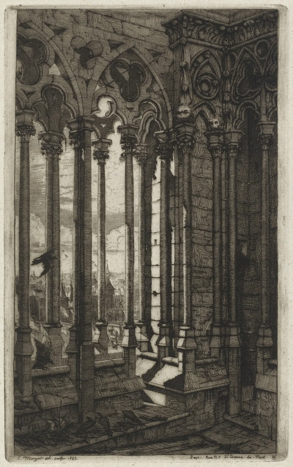 La galerie Notre-Dame, Paris (The Gallery of Notre Dame, Paris), by Charles Meryon, ink, 1853