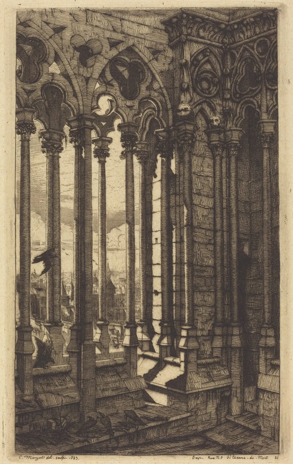 La galerie Notre-Dame, Paris (The Gallery of Notre Dame, Paris), by Charles Meryon, ink, 1853