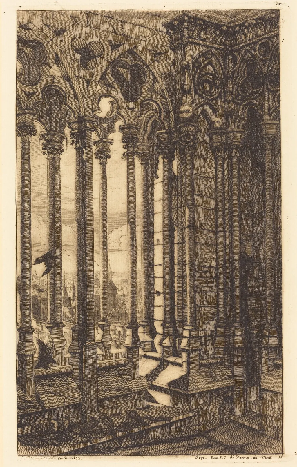 La galerie Notre-Dame, Paris (The Gallery of Notre Dame, Paris), by Charles Meryon, ink, 1853