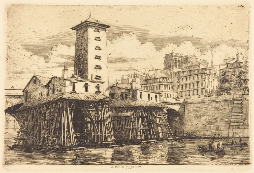 La Pompe Notre-Dame, Paris (The Notre-Dame Pump), by Charles Meryon, ink, 1852