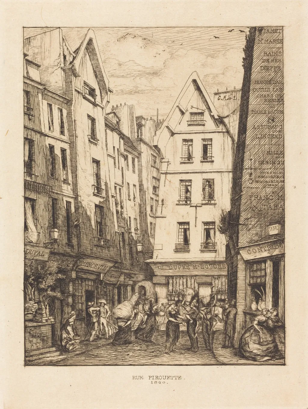 La Rue Pirouette aux halles, Paris (Pirouette Street, Near the Markets, Paris), by Charles Meryon, ink, 1860