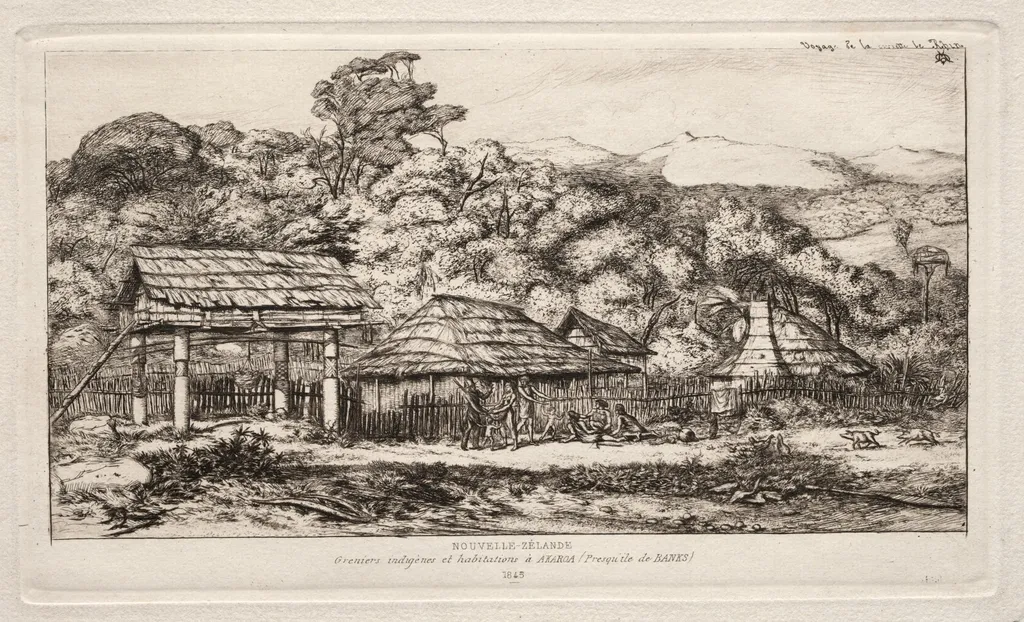 Native Barns and Huts at Akaroa, Banks' Peninsula, 1845, by Charles Meryon, 1865