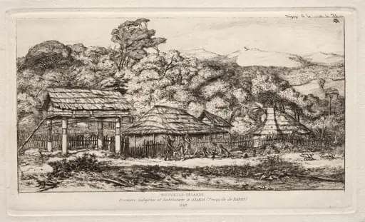Native Barns and Huts at Akaroa, Banks' Peninsula, 1845, by Charles Meryon