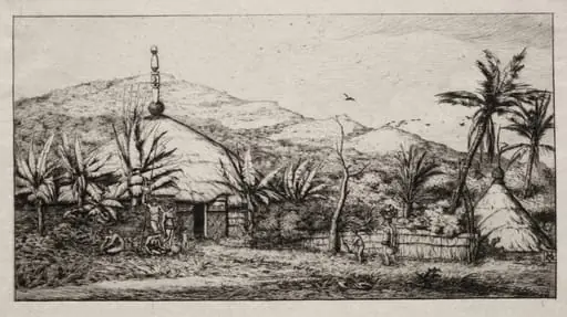 New Caledonia: Large Native Hut on the Road from Balade to Puebo, 1845, by Charles Meryon