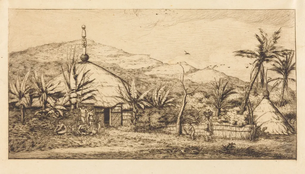 Nouvelle-Calédonie: Grande case indigène sur le chemin de Ballade à Poepo, 1845 (New Caledonia: Large Native Hut on the Road from Balade to Puebo, 1845), by Charles Meryon, ink, 1863