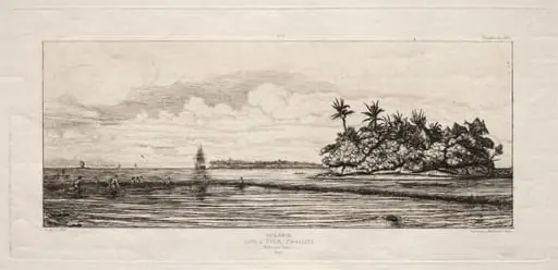 Oceania:  Fishing near Islands with Palms in the Uea or Wallis Group, 1845, by Charles Meryon