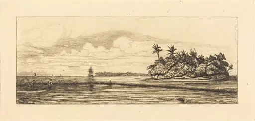 Océanie, ilots à Uvea (Wallis); Peche aux palmes, 1845 (Oceania: Fishing, Near Islands with Palms in the Uea or Wallis Group), by Charles Meryon