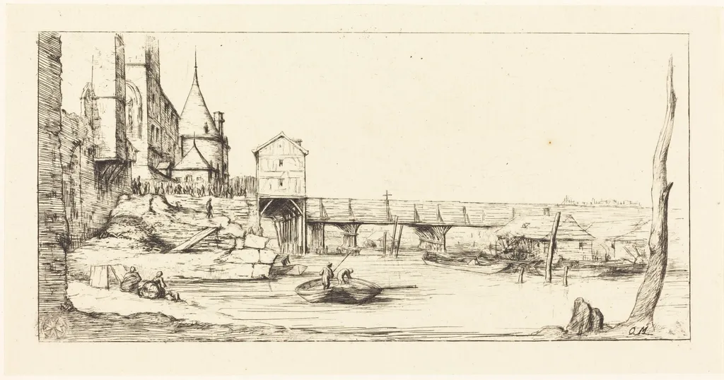 Passerelle du Pont-au-Change, Paris, après l'Incendie de 1621 (Footbridge Temporarily Replacing the Pont-au-Change, Paris, after the Fire of 1621), by Charles Meryon, ink, 1860