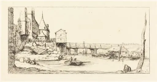 Passerelle du Pont-au-Change, Paris, après l'Incendie de 1621 (Footbridge Temporarily Replacing the Pont-au-Change, Paris, after the Fire of 1621), by Charles Meryon